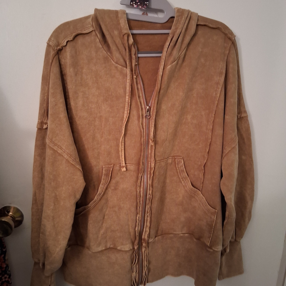 Relaxed Washed Tan Zip-Up Bomber Hoodie